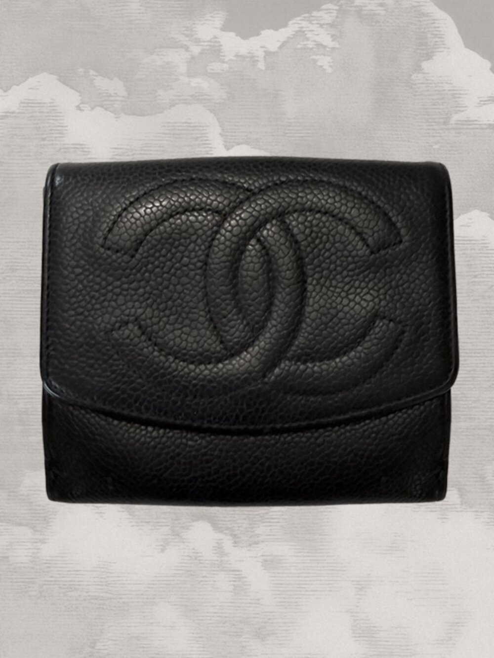 CHANEL Caviar Black Leather Timeless 'CC' Compact Wallet Bifold Chain included